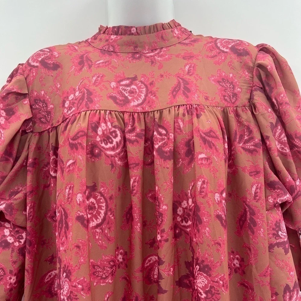 Boohoo Printed Puff Sleeve Ruffle Neck Smock Dress | Size 14 (XL) NWT